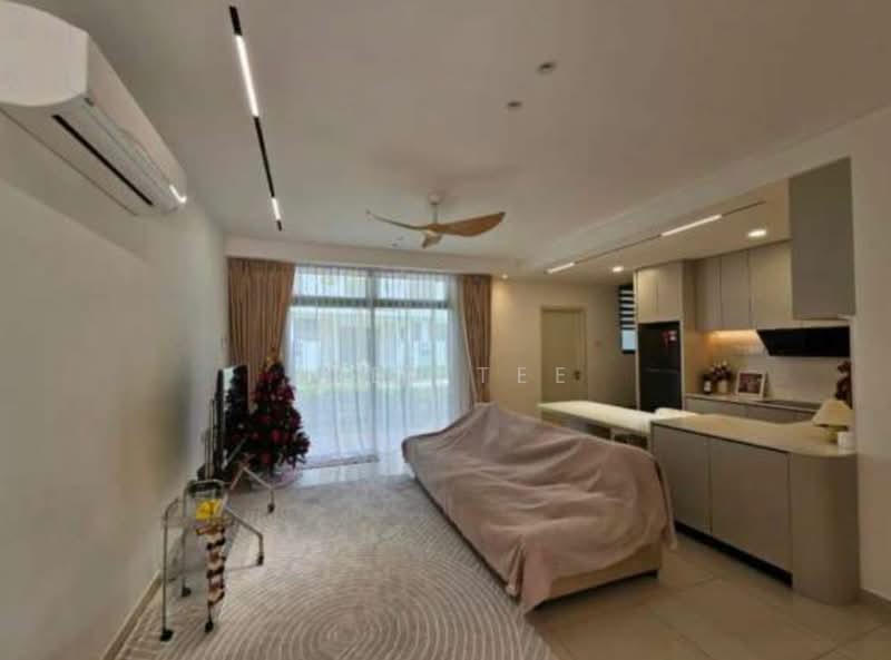 Living features: sofa covered with blanket, 3-blade ceiling fan, wall-mounted TV, coffee table, floor-to-ceiling windows, sheer curtains, light-colored walls, recessed LED downlights, tile flooring, air conditioning unit; style: modern; view: garden. Kitchen features: kitchen island, built-in cabinetry, stainless-steel sink, chrome pull-down faucet, built-in oven, freestanding range oven, microwave; style: modern.