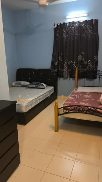 Bedroom features: blue painted walls, tile flooring, 2 single beds, black upholstered headboard, wooden bed frame with yellow headboard, black dresser, curtains with floral pattern, ceiling fan.