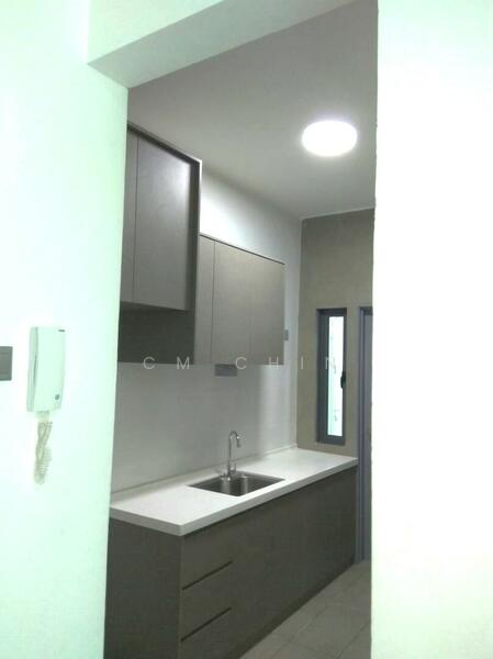 Kitchen features: single-bowl stainless-steel sink, chrome pull-down faucet, white quartz countertop, dark wood cabinetry, upper cabinets, lower cabinets, recessed ceiling light, grey tiled flooring, wall-mounted intercom, window with black frame; style: modern.