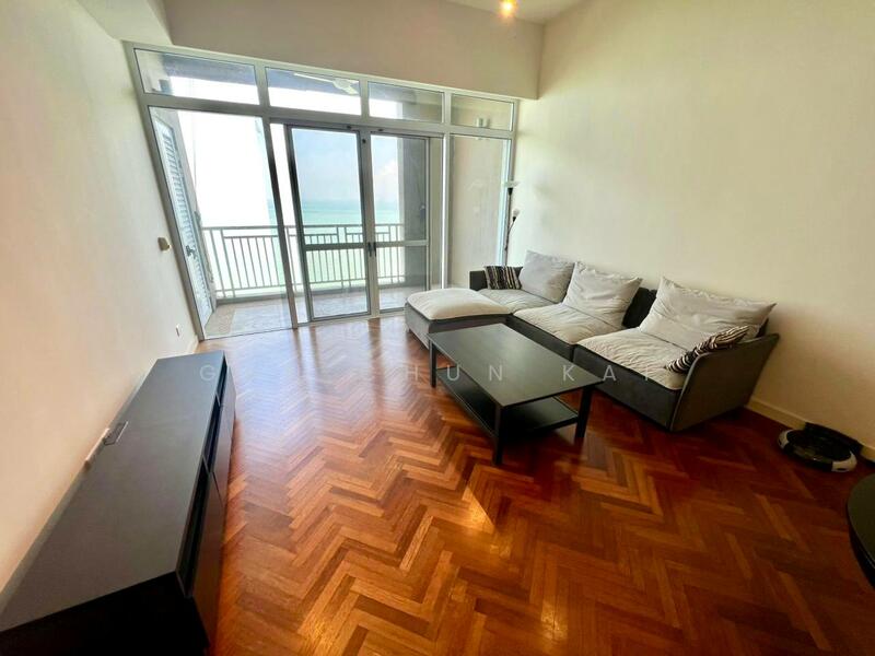 Living features: parquet wood flooring, large floor-to-ceiling windows, sliding glass door, balcony access, light-colored walls, sofa with cushions, coffee table, TV console, decorative wall art, recessed ceiling lights; style: modern; view: sea.