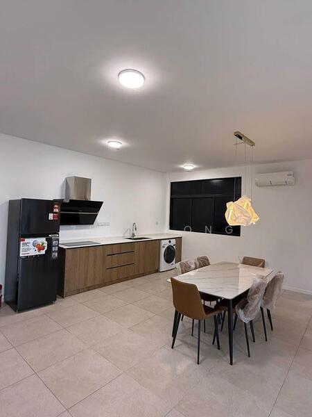 Kitchen features: white quartz countertop, wood cabinetry, stainless-steel sink, chrome pull-down faucet, built-in oven, freestanding range oven, stainless-steel fridge, washing machine, 4-seater dining table, upholstered dining chairs, recessed downlights, wall-mounted split AC, tile flooring, black window with no treatments; style: modern.