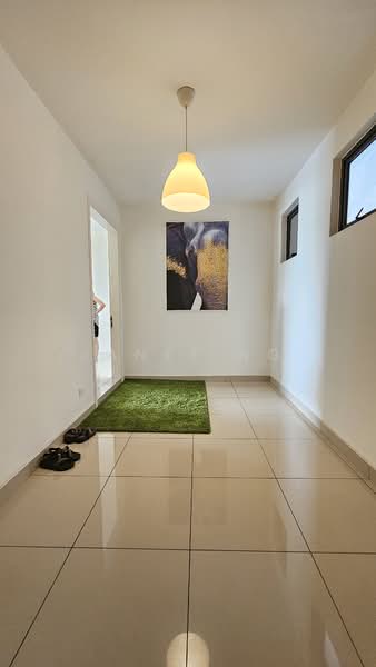 Room features: white painted walls, glossy ceramic tile flooring, pendant light fixture, small area rug in green, two small windows, framed artwork on wall, shoes on floor; style: modern.
