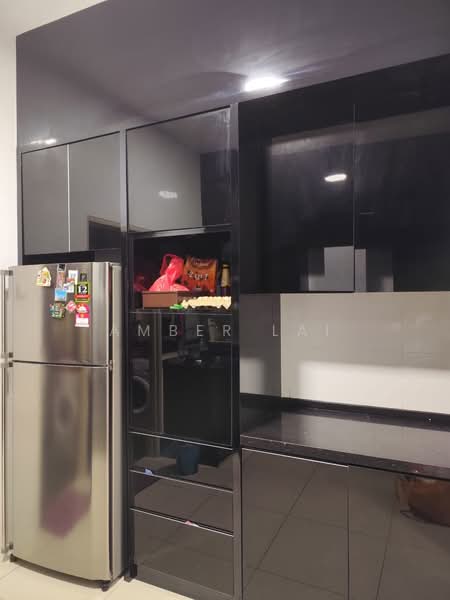 Kitchen features: black glossy cabinetry, stainless-steel fridge, black countertop, ceramic tile flooring, refrigerator with magnets, open shelving, built-in cabinets, under-cabinet lighting; style: modern.