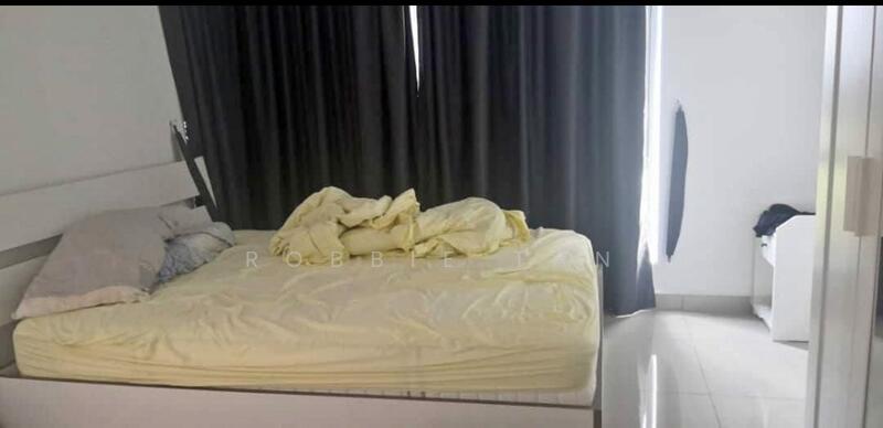 Bedroom features: queen-size bed with yellow bedding, white bed frame, grey pillow, dark curtains, white bedside table, tile flooring, wall-mounted mirror, natural light from window; style: modern.