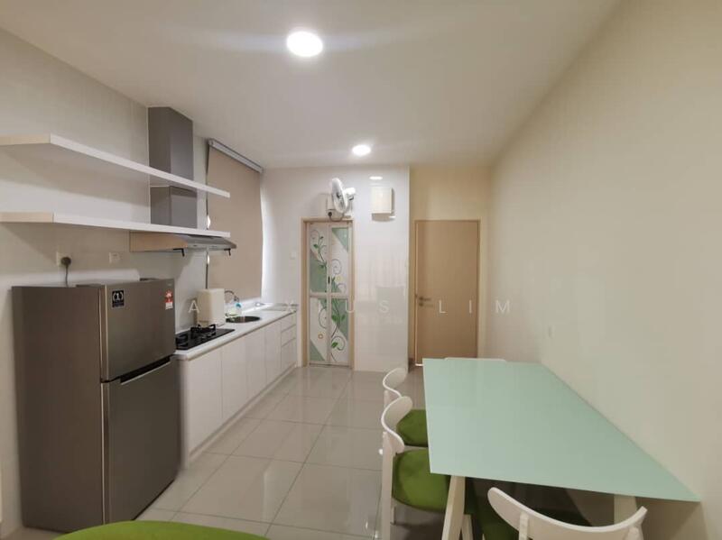 Kitchen features: white cabinets, grey countertop, stainless-steel fridge, built-in gas stove, exhaust hood, white tiled backsplash, white walls, grey floor tiles, dining table with green chairs, wall-mounted air conditioning unit, open shelving; style: modern.