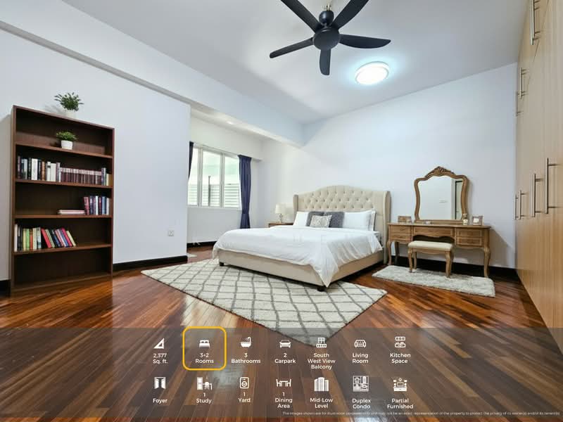 Bedroom features: king-size bed with upholstered headboard, wooden flooring, white painted walls, 5-blade ceiling fan, built-in wardrobe, dressing table with mirror, area rug with geometric pattern, bookshelf with books; style: modern.