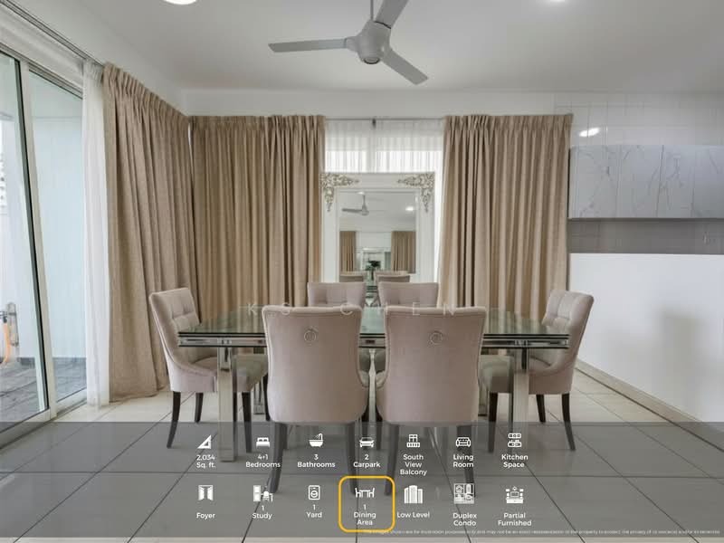 Dining features: glass dining table, upholstered dining chairs, cream curtains, tiled flooring, ceiling fan, wall-mounted mirror, neutral wall colour, open layout to living area; style: modern; view: yard.