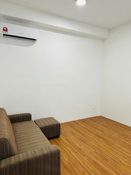 Living features: striped fabric sofa, wooden flooring, wall-mounted split AC, white painted walls, recessed ceiling lights; style: modern.