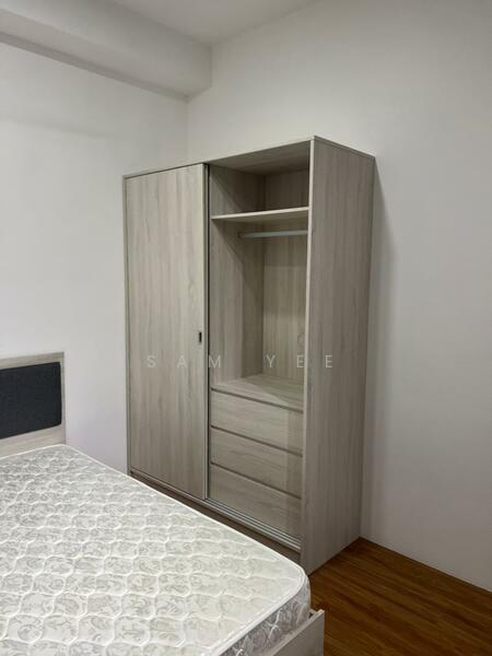 Bedroom features: queen-size bed, upholstered headboard, built-in wardrobe with sliding doors, light wood cabinetry, 3 drawers in wardrobe, open shelf in wardrobe, wooden flooring, white painted walls; style: modern.