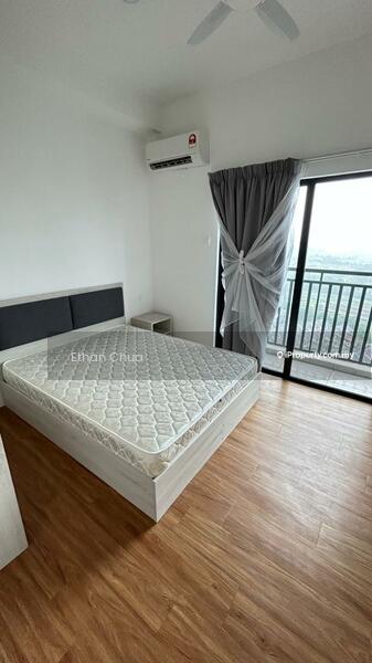 Bedroom features: queen-size bed frame without mattress, wooden flooring, white painted walls, floor-to-ceiling sliding glass door, curtains, wall-mounted split AC, ceiling fan, nightstand; style: modern; view: city.