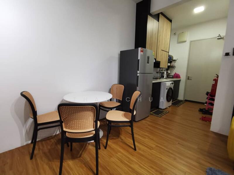 Dining features: round dining table, 4 dining chairs, stainless-steel fridge, front-load washing machine, wood cabinetry, laminate flooring, white painted walls, door leading to hallway; style: modern.