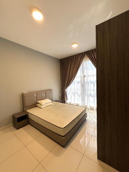 Bedroom features: queen-size bed, upholstered headboard, nightstand, floor-to-ceiling window, sheer curtains, brown wooden wardrobe, white painted walls, glossy tile flooring, recessed downlights; style: modern.