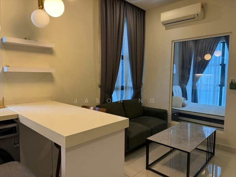 Living features: grey fabric sofa, marble coffee table, wall-mounted air conditioning unit, floor-to-ceiling window, sheer curtains, shelf unit, mirror, light fixture with globe, neutral painted walls, wooden flooring; style: modern; view: city.