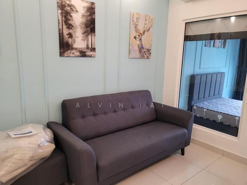Living features: grey fabric sofa, two framed artworks on walls, light blue painted walls, white ceiling, tile flooring, window with sheer curtains, decorative wall paneling; style: modern. Bedroom features: queen-size bed, upholstered headboard, grey bedding, window with sheer curtains; style: modern.