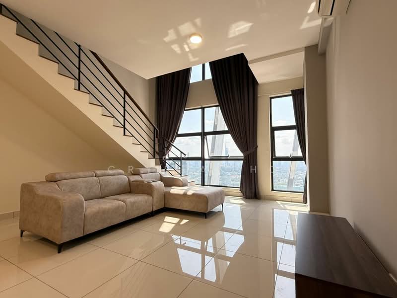 Living features: 3-seater fabric sofa in beige, chaise lounge, large floor-to-ceiling windows, grey curtains, white painted walls, polished ceramic tile flooring, recessed downlights, wooden TV console, open staircase with metal railing, city view; style: modern; view: city.