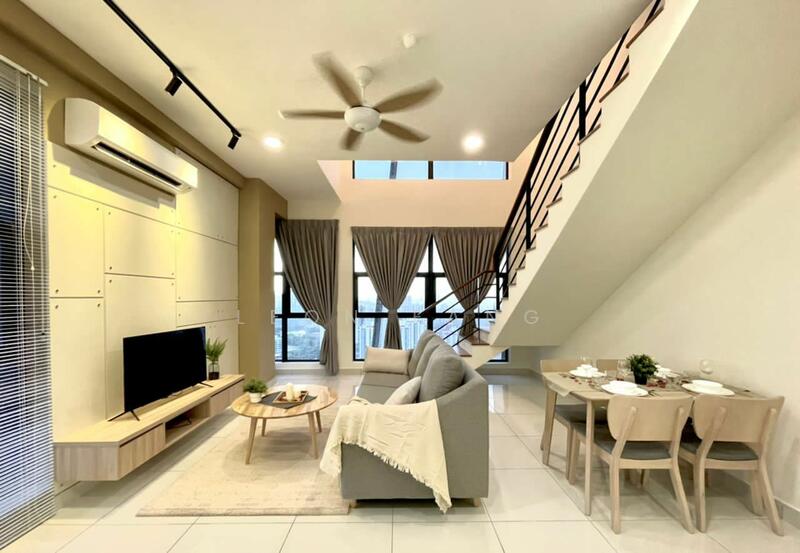 Living features: 3-seater fabric sofa in grey, coffee table, wall-mounted TV, TV console, 5-blade ceiling fan with light, floor-to-ceiling windows, sheer curtains, recessed LED downlights, white painted walls, tile flooring, decorative plants, area rug; style: modern; view: city. Dining features: 6-seater dining table, wooden dining chairs, decorative centerpiece; style: modern; view: city.