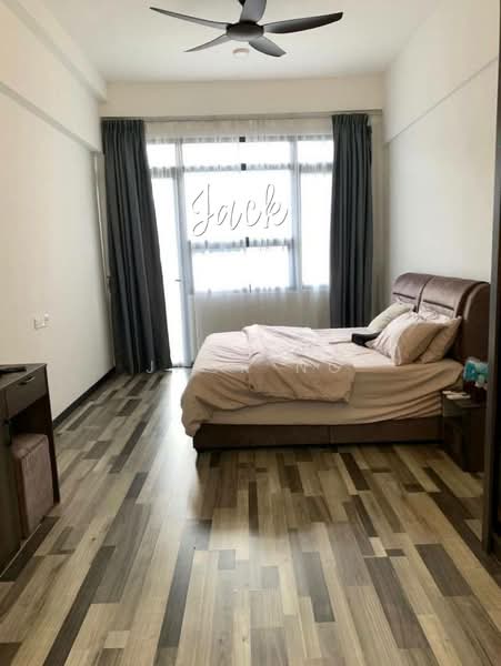 Bedroom features: queen-size bed, upholstered headboard, bedside table, floor-to-ceiling windows, curtains, wooden flooring, ceiling fan, decorative wall with name, wall-mounted TV, study desk; style: modern.