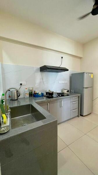 Kitchen features: single-bowl stainless-steel sink, chrome pull-down faucet, grey granite countertop, grey cabinetry with flat-panel doors, built-in oven, freestanding range oven, stainless-steel fridge, ceramic tile flooring, wall-mounted range hood, white tiled backsplash, ceiling fan; style: modern.