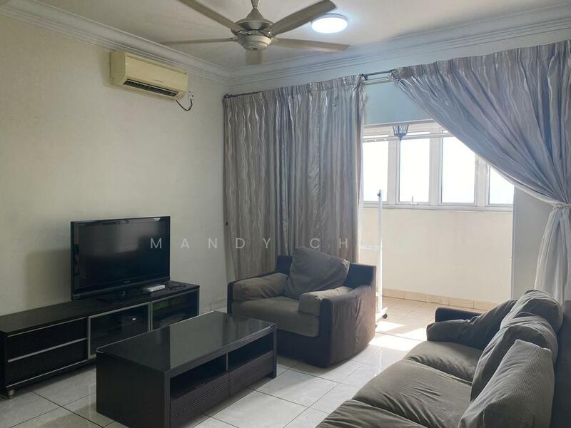 Living features: 3-seater fabric sofa in beige, 2-seater fabric sofa in grey, coffee table with storage, wall-mounted TV, TV console with drawers, floor-to-ceiling windows, sheer curtains, 5-blade ceiling fan with light, wall-mounted split AC, glossy tile flooring, neutral painted walls, recessed ceiling lights; style: modern; view: city.
