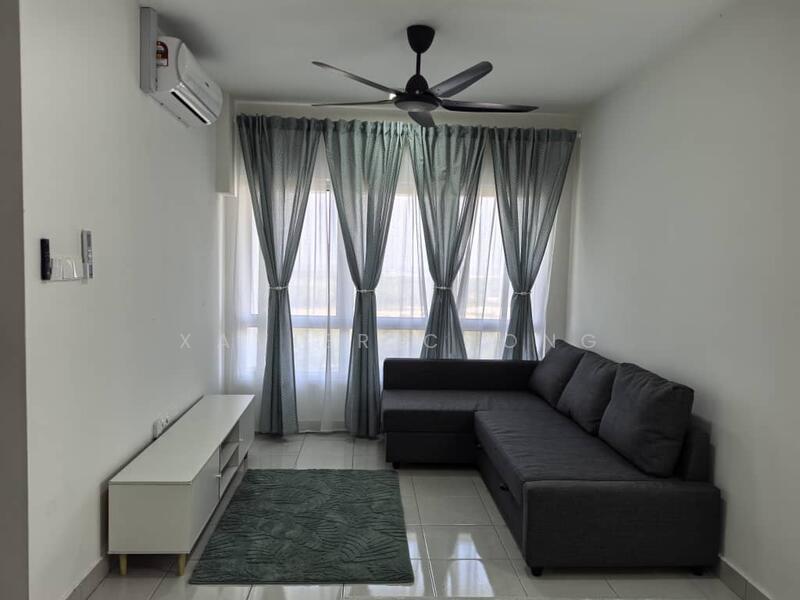Living features: 3-seater fabric sofa in grey, white TV console, area rug with geometric pattern, floor-to-ceiling windows, sheer curtains, 5-blade ceiling fan with light, wall-mounted split AC, glossy tile flooring, neutral painted walls; style: modern.