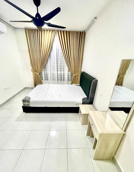 Bedroom features: queen-size bed, upholstered headboard, 2 bedside lamps, mirror on dresser, wooden dresser, floor-to-ceiling windows, sheer curtains, golden drapes, white painted walls, glossy tile flooring, ceiling fan with light; style: modern.