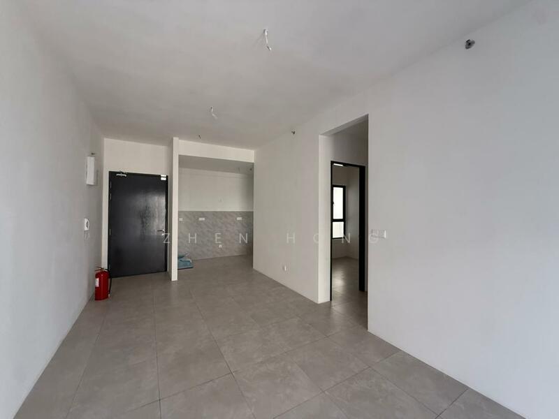Room features: white painted walls, grey tiled flooring, black door, open layout, window with natural light, fire extinguisher on wall, no visible furniture, neutral color scheme; style: modern.