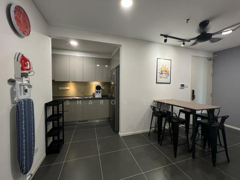 Kitchen features: grey cabinetry, stainless-steel sink, chrome pull-down faucet, built-in oven, freestanding range oven, microwave, refrigerator, white backsplash, black dining table, black dining chairs, 5-blade ceiling fan with light, wall clock, tile flooring, open shelving; style: modern.