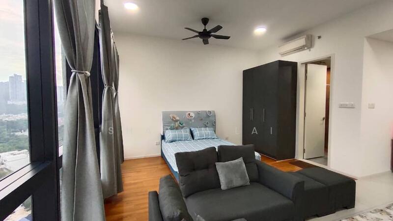 Bedroom features: queen-size bed with blue bedding, upholstered headboard, 2 bedside lamps, black wardrobe, sofa in grey fabric, wooden flooring, floor-to-ceiling windows, curtains in grey, ceiling fan with light, air conditioning unit; style: modern; view: city.