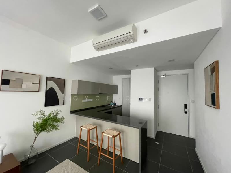 Kitchen features: black granite countertop, grey flat-panel cabinets, stainless-steel sink, chrome pull-down faucet, built-in oven, freestanding range oven, refrigerator, 2 wooden bar stools, air conditioning unit, wall-mounted artwork, tile flooring in dark grey, white painted walls, open layout; style: modern.