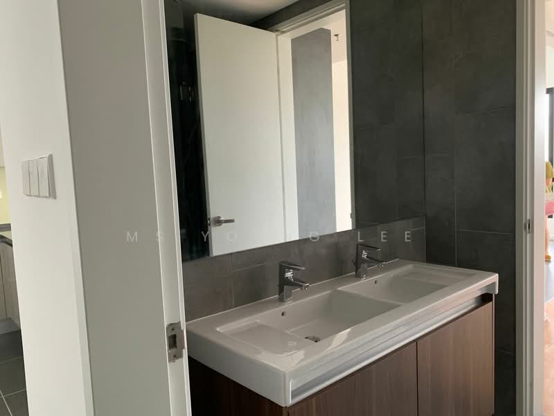 Bathroom features: double-sink vanity with wood cabinet, chrome basin mixers, framed mirror, grey tile cladding on walls, dark tile flooring, white countertop, recessed lighting, sliding door, wall-mounted storage, neutral color scheme; style: modern.