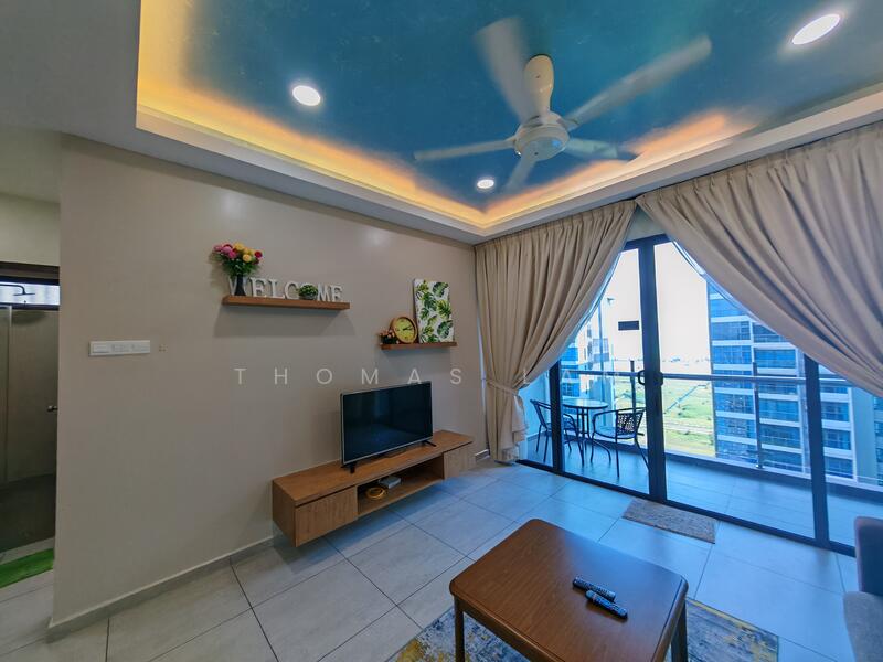 Living features: 5-blade ceiling fan with integrated LED light, wall-mounted TV, wooden TV console, sliding glass door, floor-to-ceiling windows, curtains, decorative wall shelf, framed artwork, recessed lighting, light blue ceiling with cove lighting, grey tiled flooring, area rug with geometric pattern; style: modern; view: city.