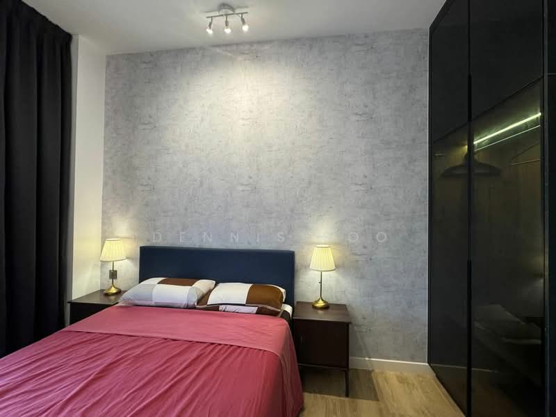 Bedroom features: queen-size bed with pink bedding, upholstered headboard, two bedside lamps with gold bases, grey accent wall with textured finish, dark wood nightstands, built-in wardrobe with glass doors, wooden flooring, recessed ceiling lights; style: modern.
