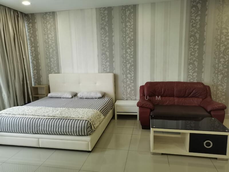 Bedroom features: king-size bed with upholstered headboard, striped bedding, 2 decorative pillows, nightstand with drawer, red leather sofa, coffee table with drawer, grey and white striped wallpaper, large window with sheer curtains, tile flooring, recessed lighting; style: modern.