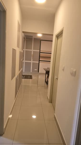 Hallway features: white painted walls, glossy ceramic tile flooring, recessed downlights, door with handle, door frame, wall-mounted light switch, decorative wall panels, open space at the end; style: modern.