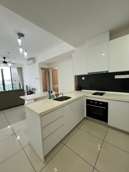 Kitchen features: white cabinetry, quartz countertop, stainless-steel sink, chrome pull-down faucet, built-in oven, 4-burner gas hob, black backsplash, pendant lighting, recessed downlights, tile flooring, open layout to living area; style: modern. Living features: sofa, floor-to-ceiling windows, curtains, air conditioning unit; style: modern; view: city.