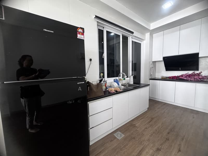 Kitchen features: black refrigerator, white cabinetry, black countertop, stainless-steel sink, chrome pull-down faucet, window with white frame, wood laminate flooring, built-in oven, kitchen island, decorative flowers on countertop, wall-mounted range hood; style: modern.