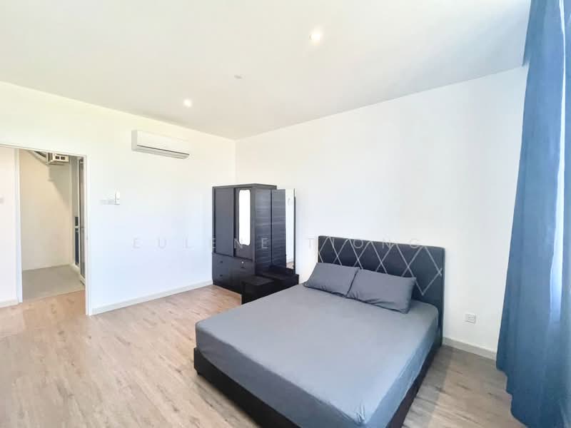 Bedroom features: queen-size bed with grey bedding, upholstered headboard, black wooden wardrobe with mirror, wall-mounted air conditioning unit, light-colored laminate flooring, white painted walls, floor-to-ceiling window with blue curtains, nightstand, decorative wall art; style: modern.