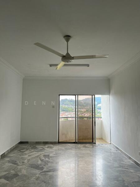 Room features: white painted walls, marble flooring, 5-blade ceiling fan, floor-to-ceiling sliding glass door, balcony access, mountain view; view: mountain.