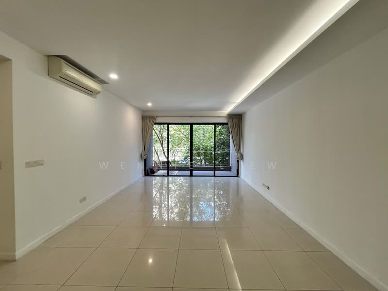 Living features: white painted walls, glossy ceramic tile flooring, recessed downlights, floor-to-ceiling windows, sliding glass door, sheer curtains, air conditioning unit, neutral decor; style: modern; view: garden.