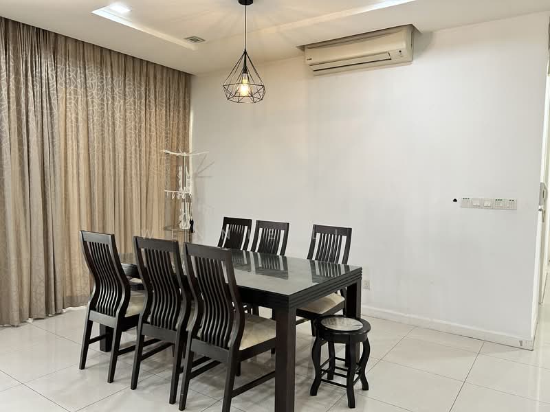 Dining features: 6-seater dining table, black wooden dining chairs, white ceramic stool, pendant light fixture, wall-mounted air conditioning unit, floor-to-ceiling curtains, cream-colored walls, glossy tile flooring; style: modern.