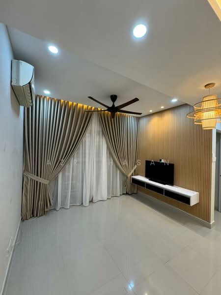Living features: white painted walls, wood feature wall, glossy tile flooring, 5-blade ceiling fan with light, wall-mounted TV, floating TV console, curtains with sheer and blackout layers, recessed LED downlights, decorative pendant light; style: modern.