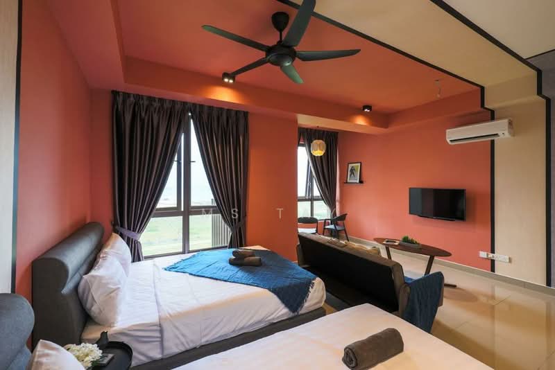 Bedroom features: orange painted walls, 2 beds with white bedding, upholstered headboard, 5-blade ceiling fan with light, floor-to-ceiling windows, curtains, wall-mounted TV, wooden side table, air conditioning unit, decorative wall art, area rug, study desk with chair; style: modern; view: garden.