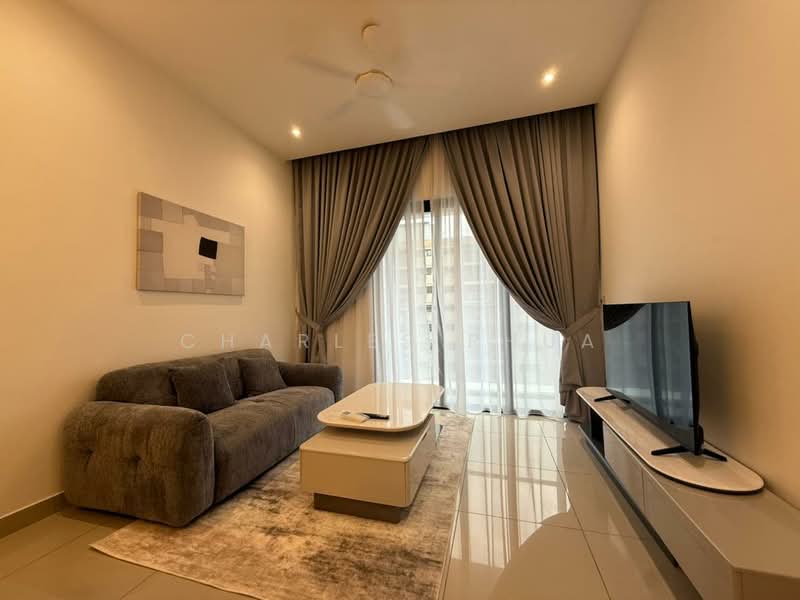 Living features: 3-seater fabric sofa in grey, coffee table with white top, TV console with white finish, wall-mounted TV, area rug with neutral tones, floor-to-ceiling windows, sheer curtains, dropped ceiling with recessed lighting, light grey wall, glossy tile flooring; style: modern.