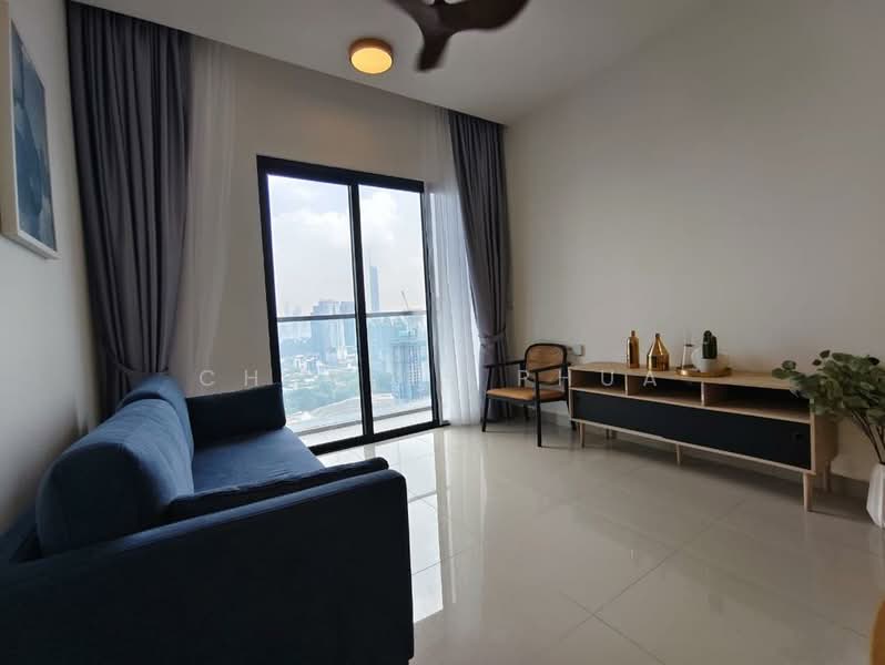 Living features: blue fabric sofa, glass sliding door, floor-to-ceiling windows, white painted walls, light-colored flooring, wooden TV console, decorative plants, curtains, ceiling light fixture; style: modern; view: city.