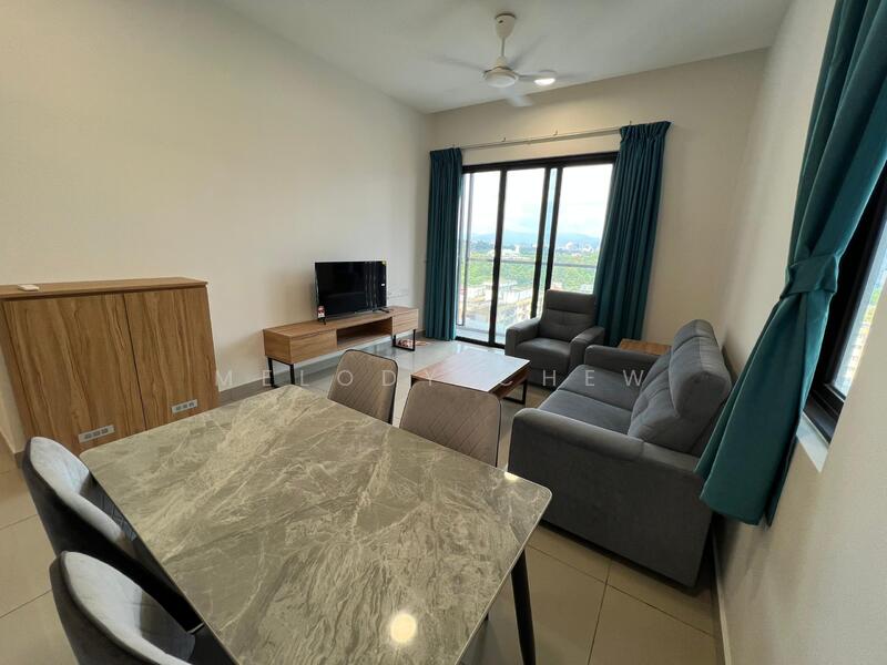 Living features: 3-seater fabric sofa in grey, 2-seater fabric sofa in grey, wooden coffee table, TV console, wall-mounted TV, floor-to-ceiling windows, curtains in teal, ceiling fan, marble dining table, 4 dining chairs, light-colored tiled flooring, neutral painted walls; style: modern; view: city.