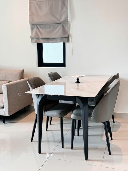 Dining features: marble dining table, 4 upholstered dining chairs in grey, black metal legs on table, white walls, large window with black frame, sheer window treatment, glossy tile flooring, decorative centerpiece on table; style: modern. Living features: fabric sofa in light grey, armchair in light grey, neutral wall color, floor-to-ceiling window, minimalist decor; style: modern.