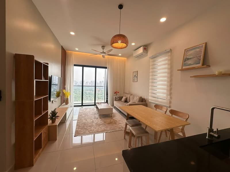 Living features: 3-seater fabric sofa in beige, wooden coffee table, TV console, wall-mounted TV, area rug with geometric pattern, 5-blade ceiling fan with light, floor-to-ceiling windows, sheer curtains, decorative wall shelf, wooden shelving unit, recessed downlights, white painted walls, polished tile flooring; style: modern; view: city. Dining features: 6-seater wooden dining table, wooden dining chairs, decorative vase with flowers, wall-mounted artwork, white painted walls, recessed downlights, polished tile flooring; style: modern; view: city.