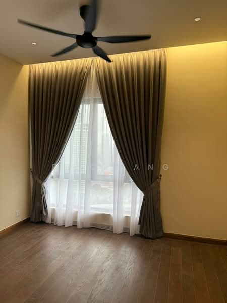 Room features: wooden flooring, cream painted walls, floor-to-ceiling window, sheer curtains, dark grey curtains, 5-blade ceiling fan, recessed downlights; style: modern.