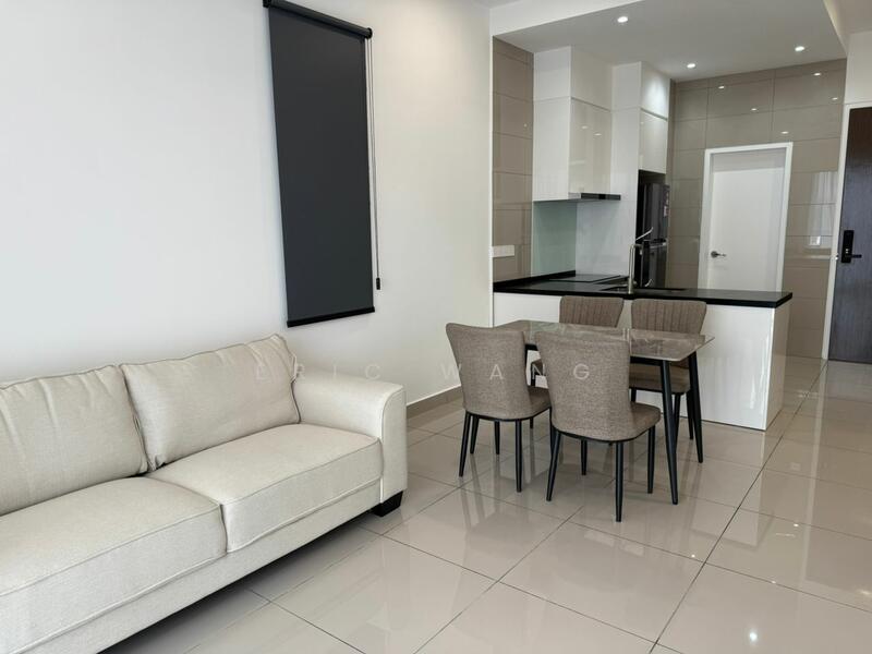 Living features: beige fabric sofa, 4-seater dining table, grey upholstered dining chairs, black countertop, white cabinetry, stainless-steel appliances, tile flooring, recessed downlights, floor-to-ceiling windows, neutral wall color; style: modern.