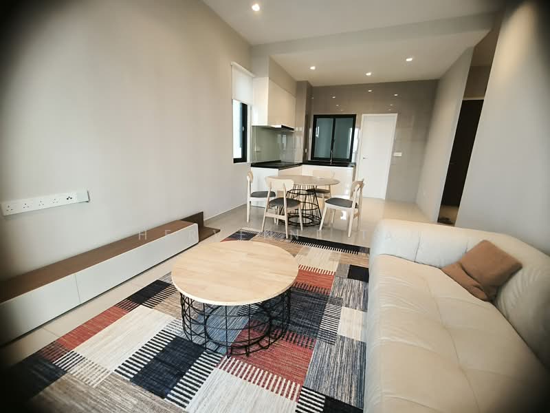 Living features: light grey painted walls, recessed downlights, floor-to-ceiling windows, 3-seater white leather sofa, round wooden coffee table, area rug with geometric pattern, TV console with storage, open-plan layout to kitchen and dining area; style: modern. Kitchen features: white cabinetry, black countertop, stainless-steel sink, built-in oven, 4-burner gas hob, exhaust hood, dining table with 4 chairs; style: modern.